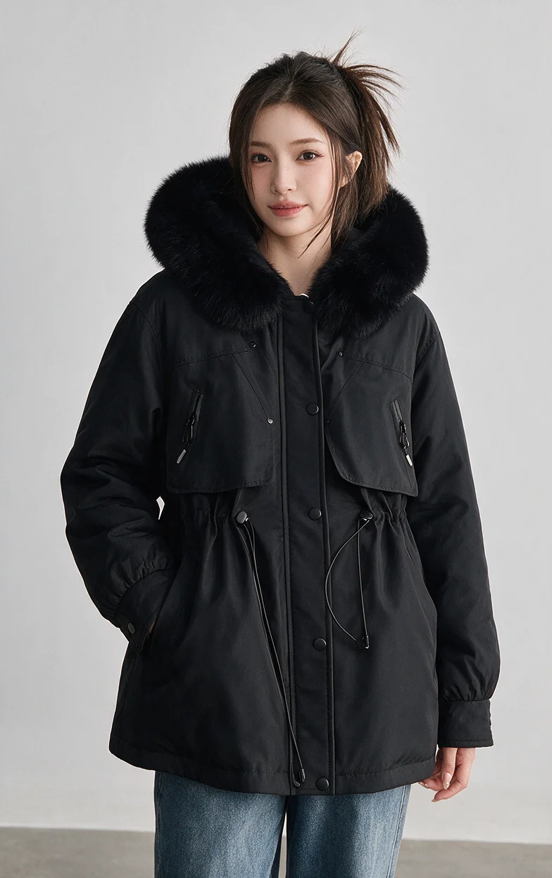 Women Winter Hooded Parka Big Faux Fur Collar Drawstring Waist Midi Padded Coat Korean Style Windproof Pocket Warm Outerwear