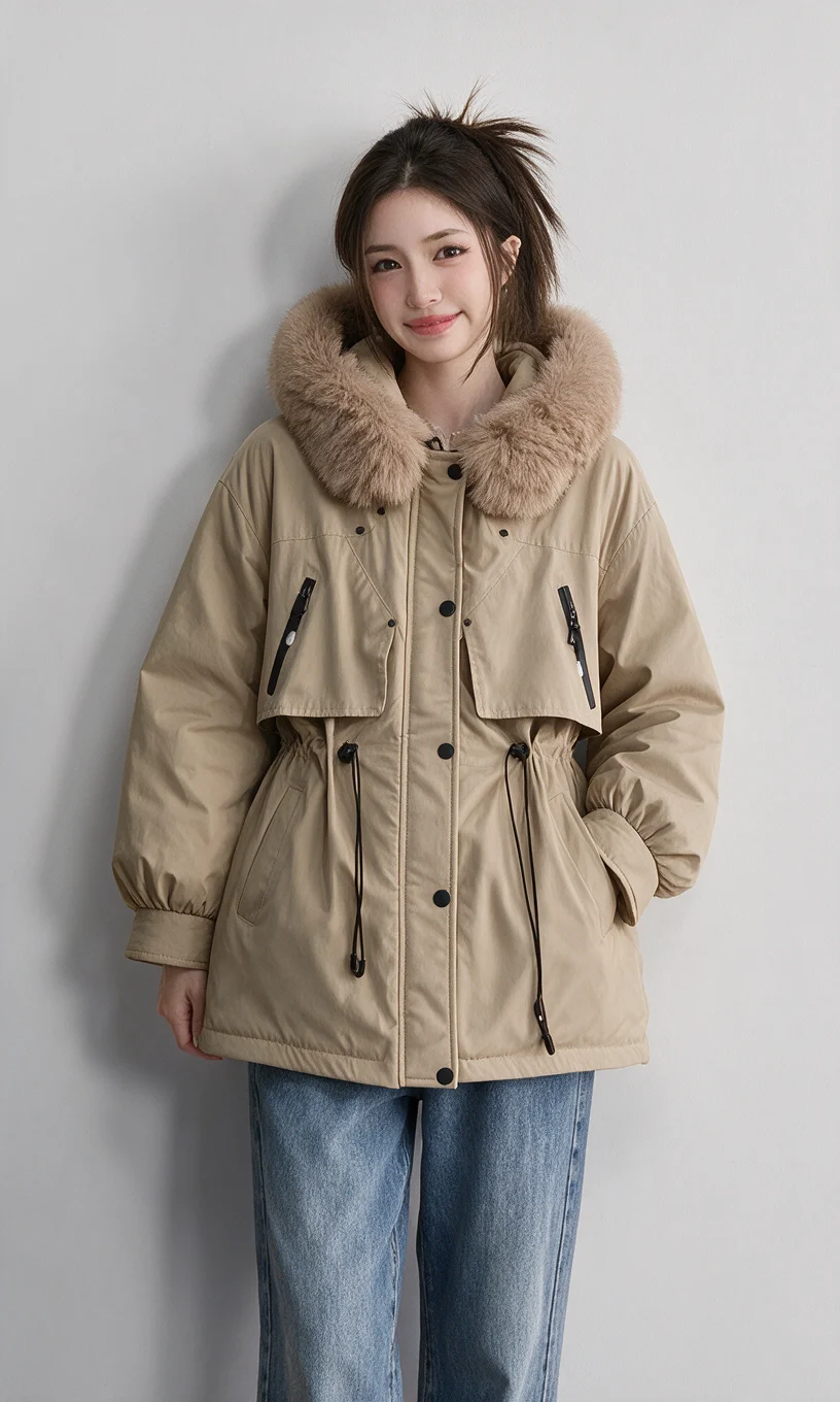 Women Winter Hooded Parka Big Faux Fur Collar Drawstring Waist Midi Padded Coat Korean Style Windproof Pocket Warm Outerwear