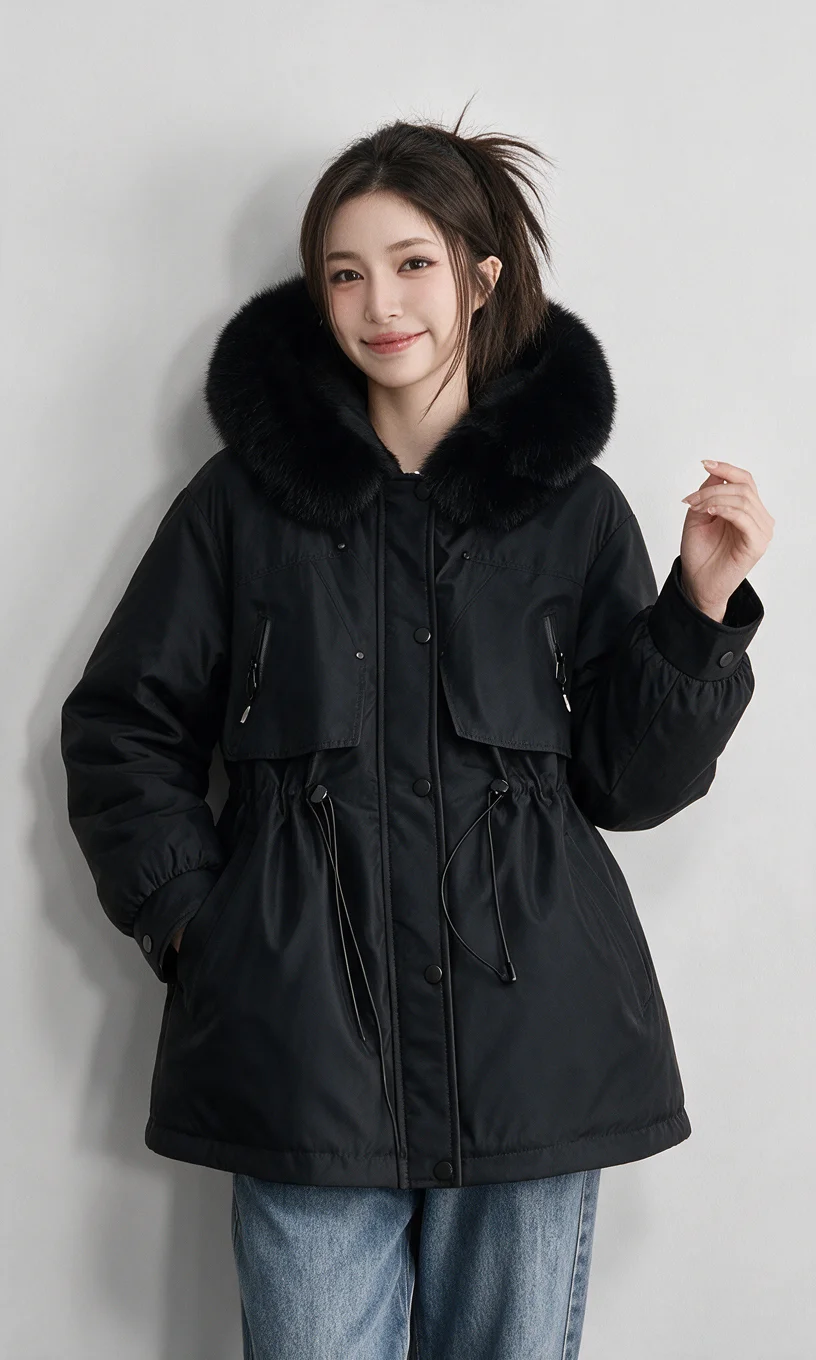 Women Winter Hooded Parka Big Faux Fur Collar Drawstring Waist Midi Padded Coat Korean Style Windproof Pocket Warm Outerwear