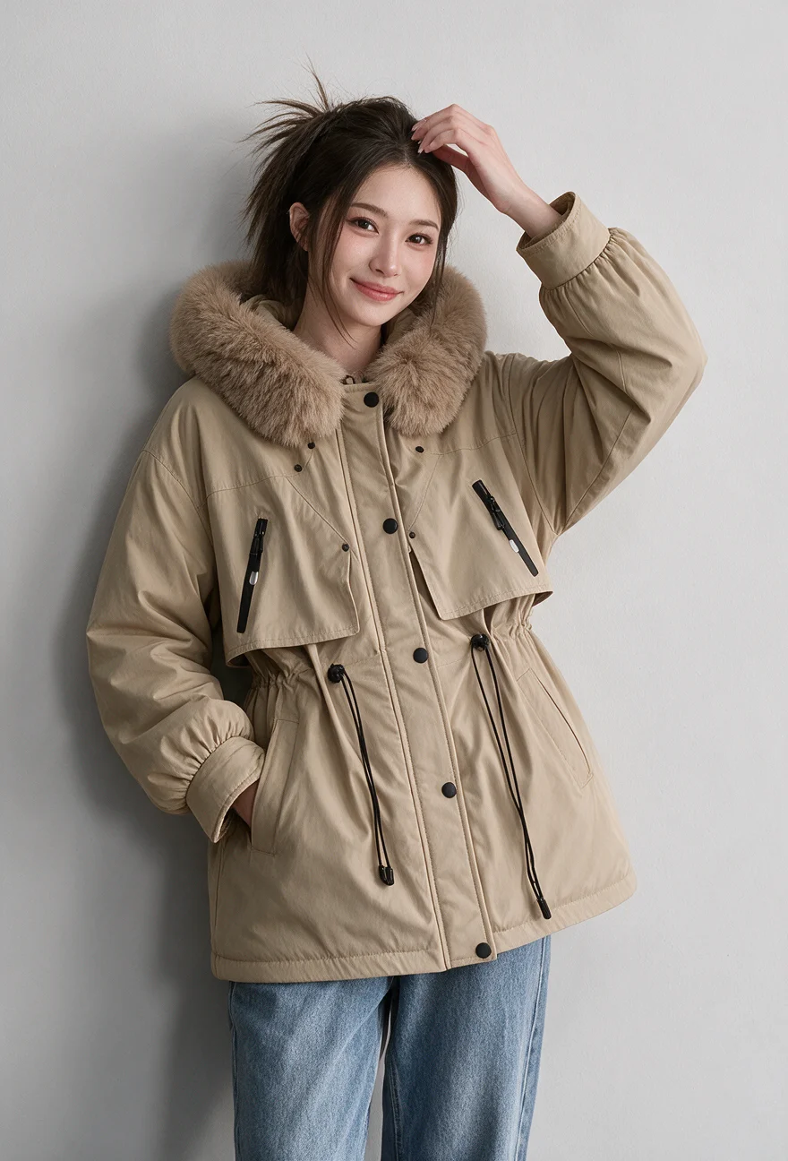 Women Winter Hooded Parka Big Faux Fur Collar Drawstring Waist Midi Padded Coat Korean Style Windproof Pocket Warm Outerwear