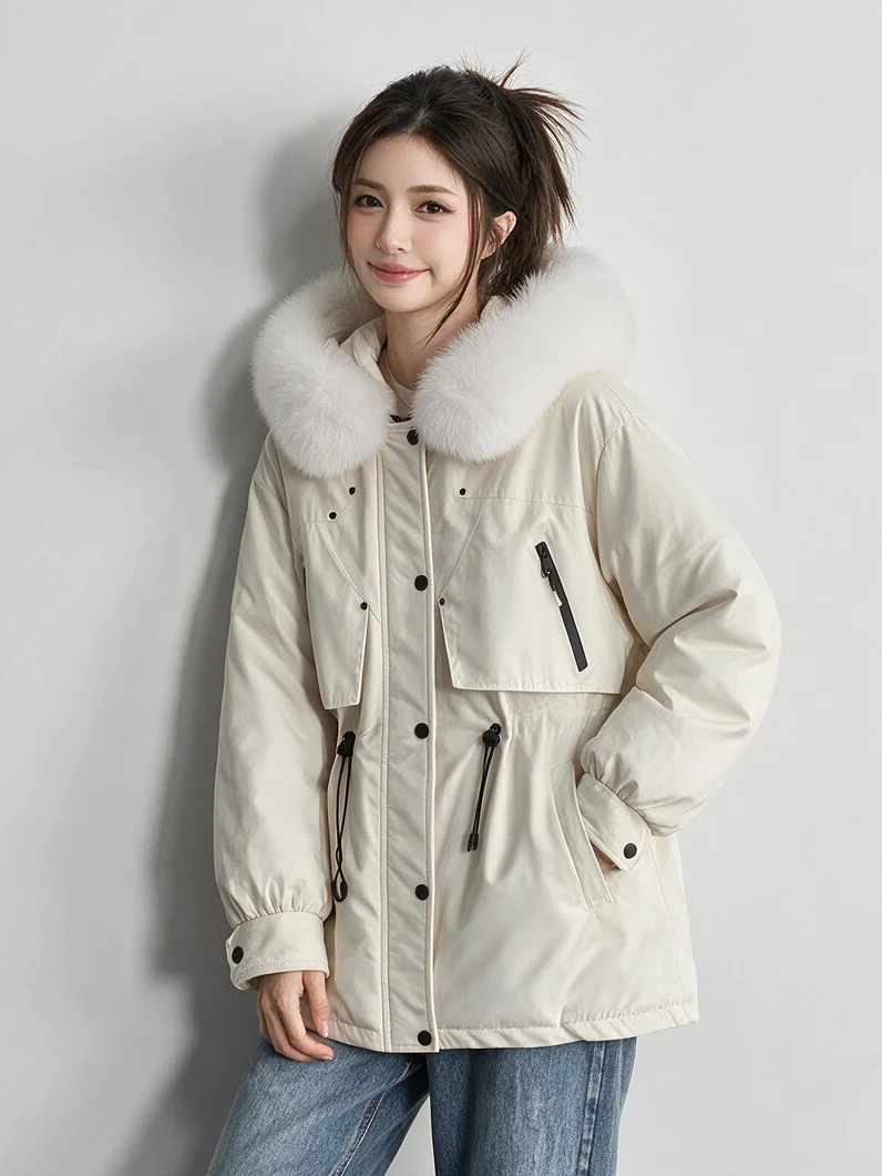 Women Winter Hooded Parka Big Faux Fur Collar Drawstring Waist Midi Padded Coat Korean Style Windproof Pocket Warm Outerwear