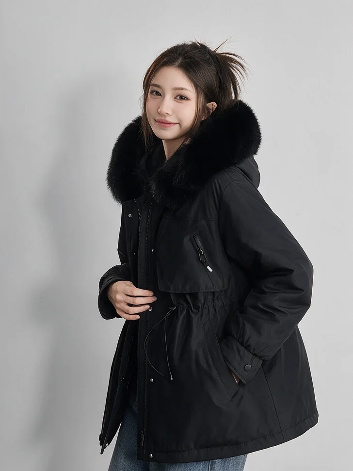 Women Winter Hooded Parka Big Faux Fur Collar Drawstring Waist Midi Padded Coat Korean Style Windproof Pocket Warm Outerwear