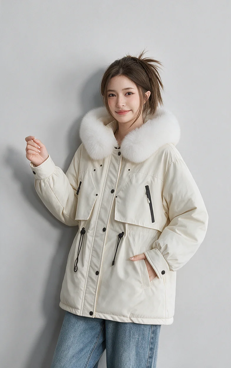 Women Winter Hooded Parka Big Faux Fur Collar Drawstring Waist Midi Padded Coat Korean Style Windproof Pocket Warm Outerwear