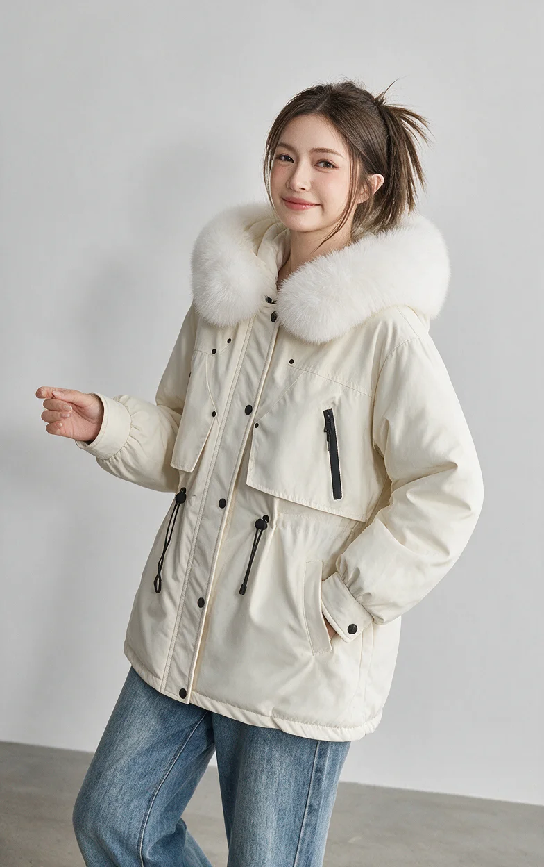 Women Winter Hooded Parka Big Faux Fur Collar Drawstring Waist Midi Padded Coat Korean Style Windproof Pocket Warm Outerwear