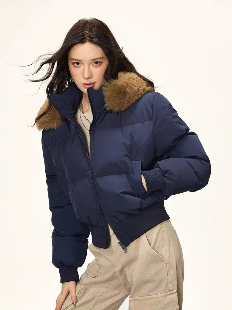 Winter Warm Hooded Parkas Women Korean Faux Fur Patchwork Puffer Jackets Y2K Loose Streetwear Fluffy Crop Outerwears