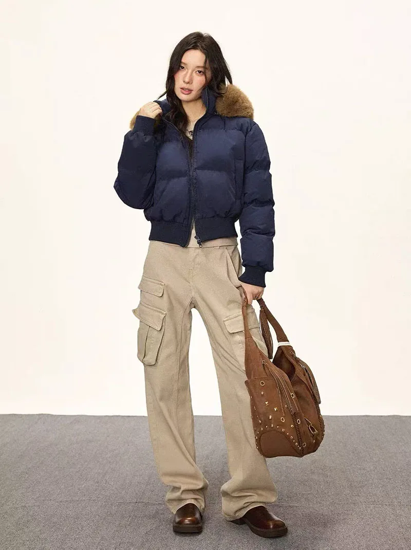 Winter Warm Hooded Parkas Women Korean Faux Fur Patchwork Puffer Jackets Y2K Loose Streetwear Fluffy Crop Outerwears