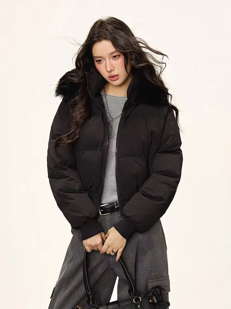 Winter Warm Hooded Parkas Women Korean Faux Fur Patchwork Puffer Jackets Y2K Loose Streetwear Fluffy Crop Outerwears