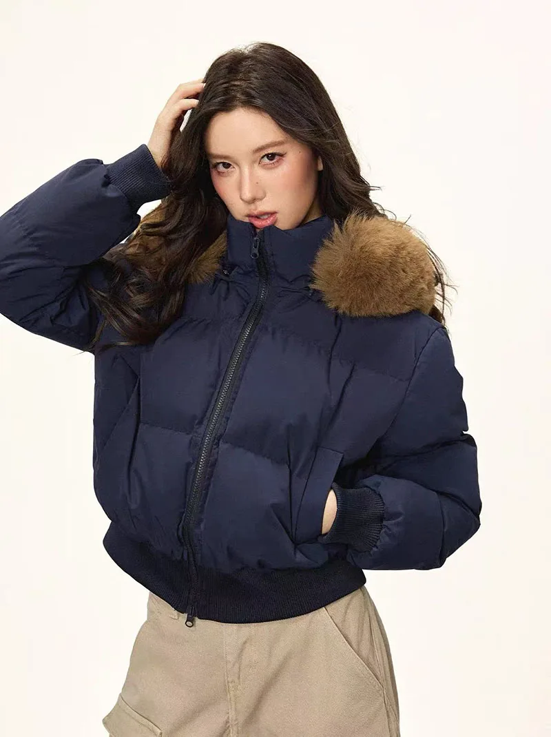 Winter Warm Hooded Parkas Women Korean Faux Fur Patchwork Puffer Jackets Y2K Loose Streetwear Fluffy Crop Outerwears