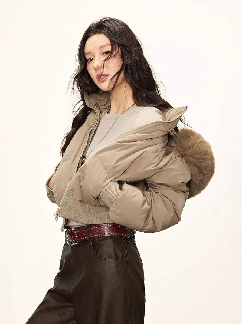 Winter Warm Hooded Parkas Women Korean Faux Fur Patchwork Puffer Jackets Y2K Loose Streetwear Fluffy Crop Outerwears