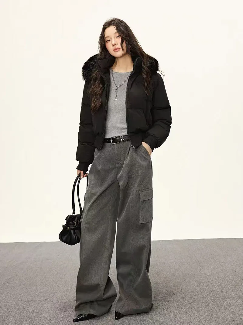 Winter Warm Hooded Parkas Women Korean Faux Fur Patchwork Puffer Jackets Y2K Loose Streetwear Fluffy Crop Outerwears