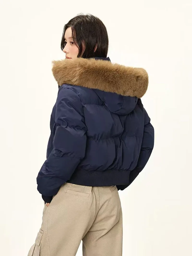 Winter Warm Hooded Parkas Women Korean Faux Fur Patchwork Puffer Jackets Y2K Loose Streetwear Fluffy Crop Outerwears