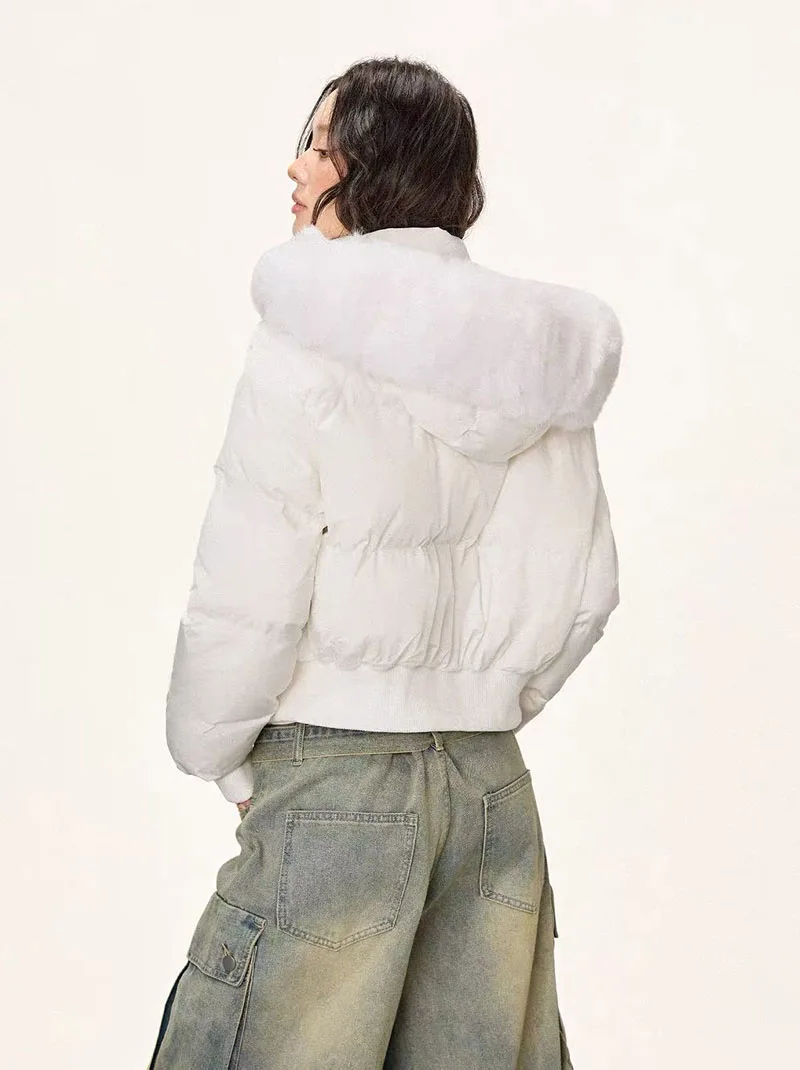 Winter Warm Hooded Parkas Women Korean Faux Fur Patchwork Puffer Jackets Y2K Loose Streetwear Fluffy Crop Outerwears