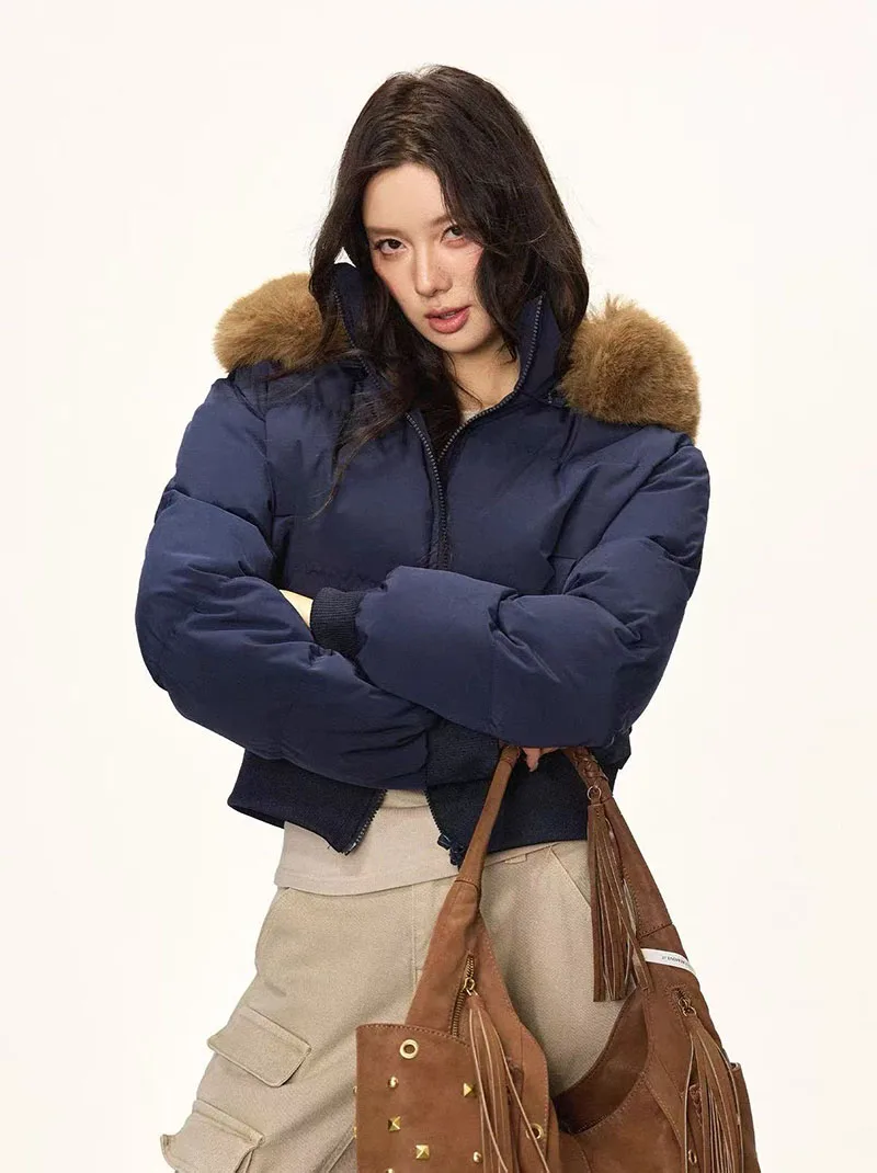Winter Warm Hooded Parkas Women Korean Faux Fur Patchwork Puffer Jackets Y2K Loose Streetwear Fluffy Crop Outerwears