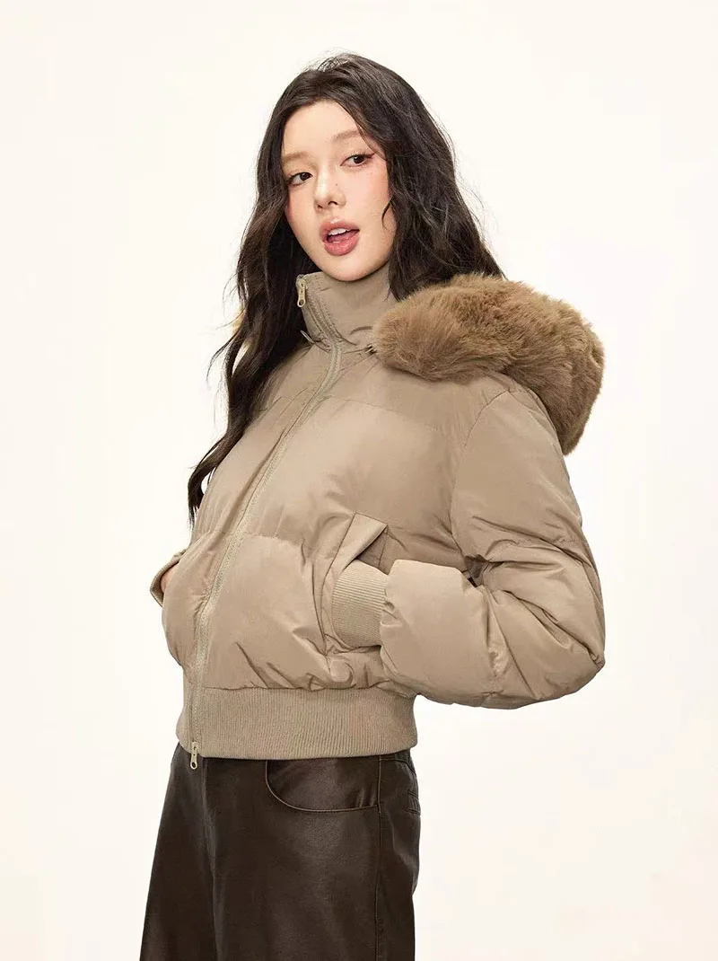 Winter Warm Hooded Parkas Women Korean Faux Fur Patchwork Puffer Jackets Y2K Loose Streetwear Fluffy Crop Outerwears