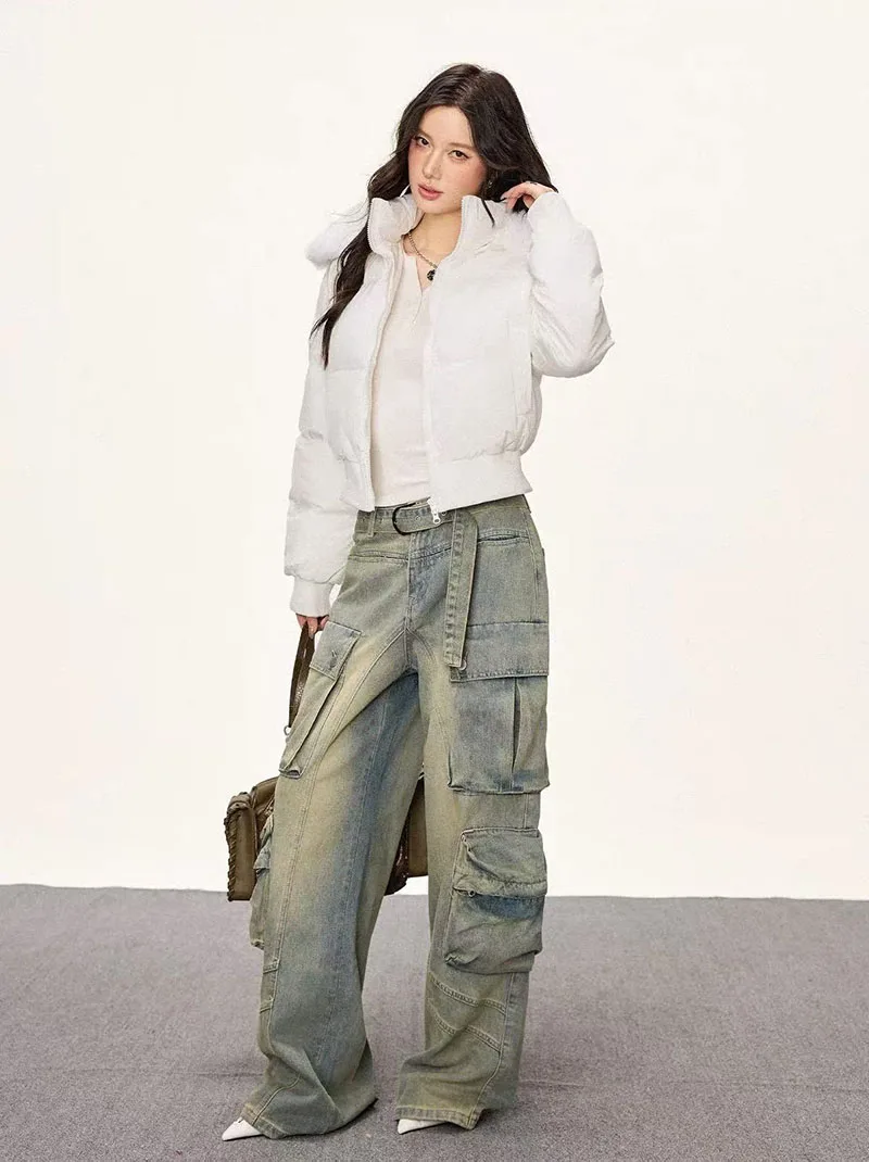 Winter Warm Hooded Parkas Women Korean Faux Fur Patchwork Puffer Jackets Y2K Loose Streetwear Fluffy Crop Outerwears