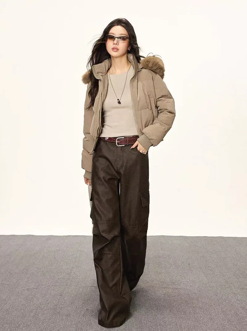 Winter Warm Hooded Parkas Women Korean Faux Fur Patchwork Puffer Jackets Y2K Loose Streetwear Fluffy Crop Outerwears