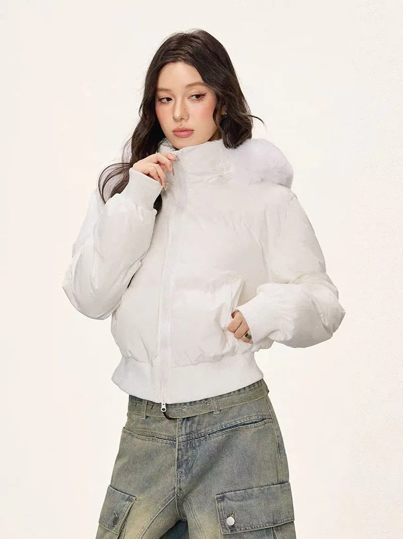 Winter Warm Hooded Parkas Women Korean Faux Fur Patchwork Puffer Jackets Y2K Loose Streetwear Fluffy Crop Outerwears