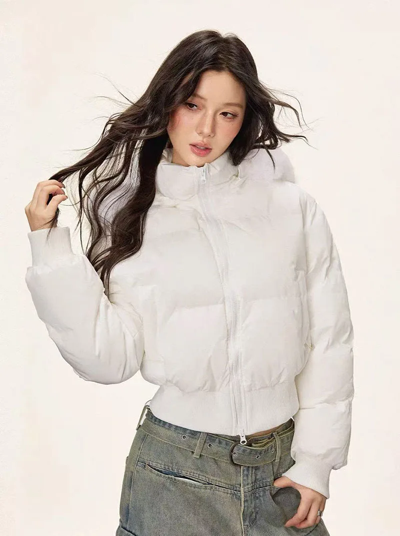 Winter Warm Hooded Parkas Women Korean Faux Fur Patchwork Puffer Jackets Y2K Loose Streetwear Fluffy Crop Outerwears