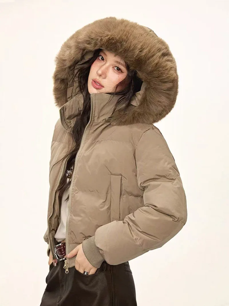 Winter Warm Hooded Parkas Women Korean Faux Fur Patchwork Puffer Jackets Y2K Loose Streetwear Fluffy Crop Outerwears