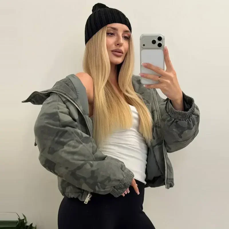 Street Printed Women's Thicken Coats Fashion Hooded Zipper Camouflage Thick Jacket Lady 2026 Autumn Winter Female Street Tops