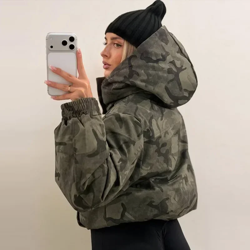 Street Printed Women's Thicken Coats Fashion Hooded Zipper Camouflage Thick Jacket Lady 2026 Autumn Winter Female Street Tops