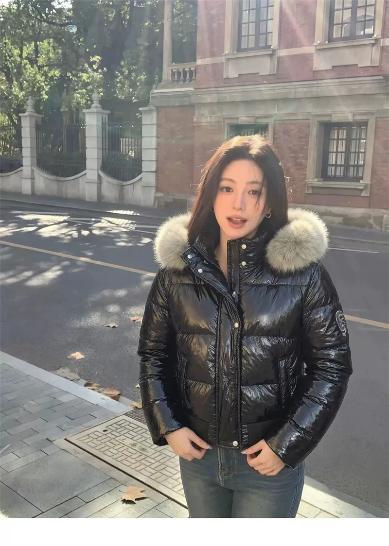 ZAROY Shiny Puffer Jacket Women Winter Fur Collar Hooded Thick Warm Cotton Short Coat Waterproof Y2K Vintage Badge Parkas куртка