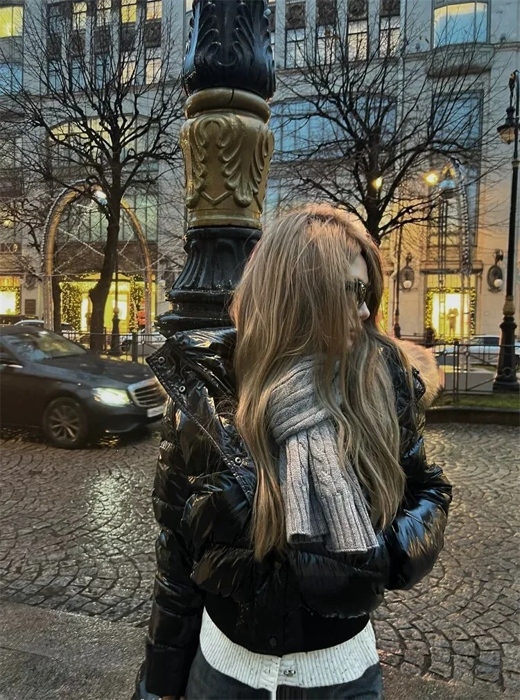 ZAROY Shiny Puffer Jacket Women Winter Fur Collar Hooded Thick Warm Cotton Short Coat Waterproof Y2K Vintage Badge Parkas куртка