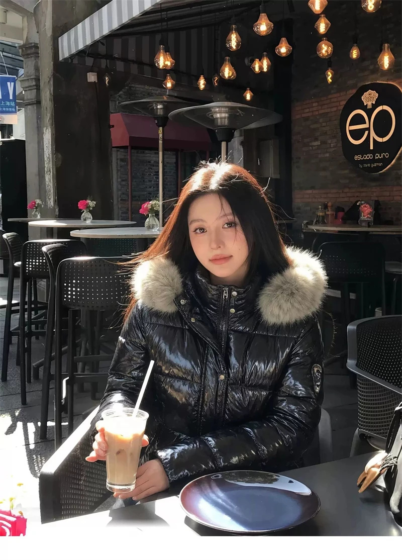 ZAROY Shiny Puffer Jacket Women Winter Fur Collar Hooded Thick Warm Cotton Short Coat Waterproof Y2K Vintage Badge Parkas куртка