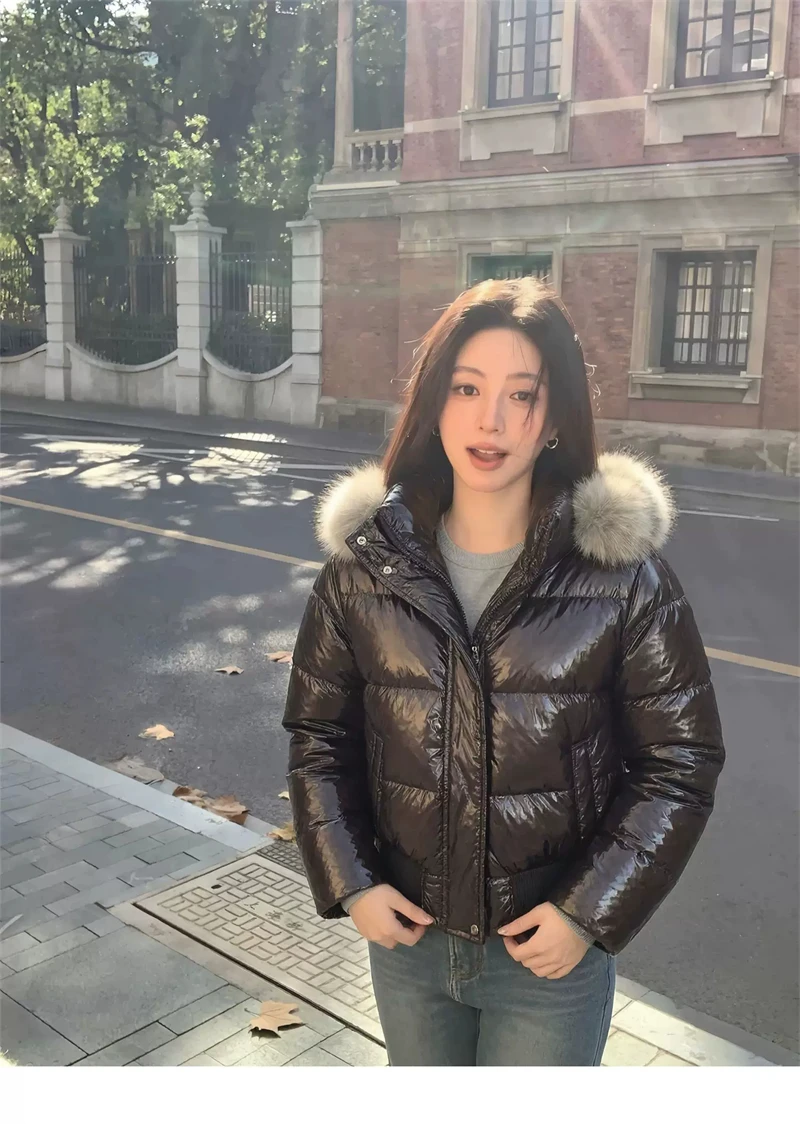 ZAROY Shiny Puffer Jacket Women Winter Fur Collar Hooded Thick Warm Cotton Short Coat Waterproof Y2K Vintage Badge Parkas куртка