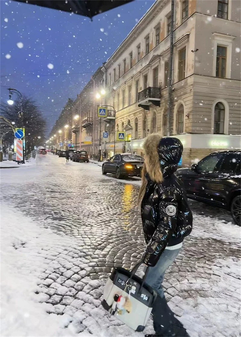 ZAROY Shiny Puffer Jacket Women Winter Fur Collar Hooded Thick Warm Cotton Short Coat Waterproof Y2K Vintage Badge Parkas куртка