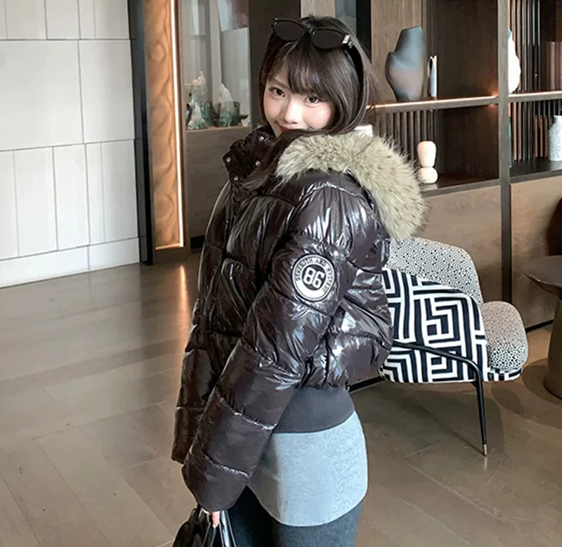 ZAROY Shiny Puffer Jacket Women Winter Fur Collar Hooded Thick Warm Cotton Short Coat Waterproof Y2K Vintage Badge Parkas куртка