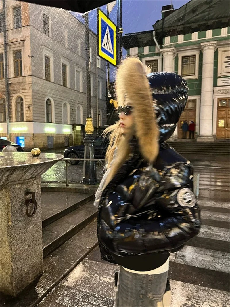 ZAROY Shiny Puffer Jacket Women Winter Fur Collar Hooded Thick Warm Cotton Short Coat Waterproof Y2K Vintage Badge Parkas куртка