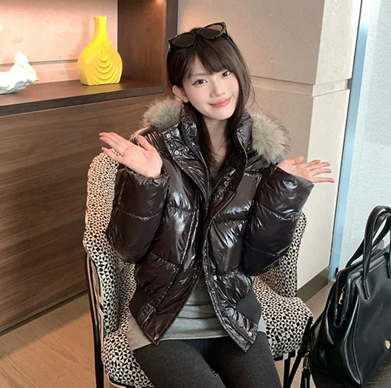 ZAROY Shiny Puffer Jacket Women Winter Fur Collar Hooded Thick Warm Cotton Short Coat Waterproof Y2K Vintage Badge Parkas куртка