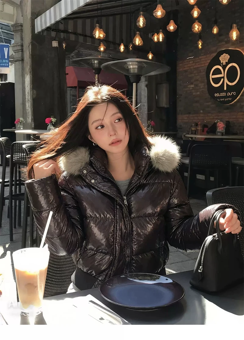 ZAROY Shiny Puffer Jacket Women Winter Fur Collar Hooded Thick Warm Cotton Short Coat Waterproof Y2K Vintage Badge Parkas куртка