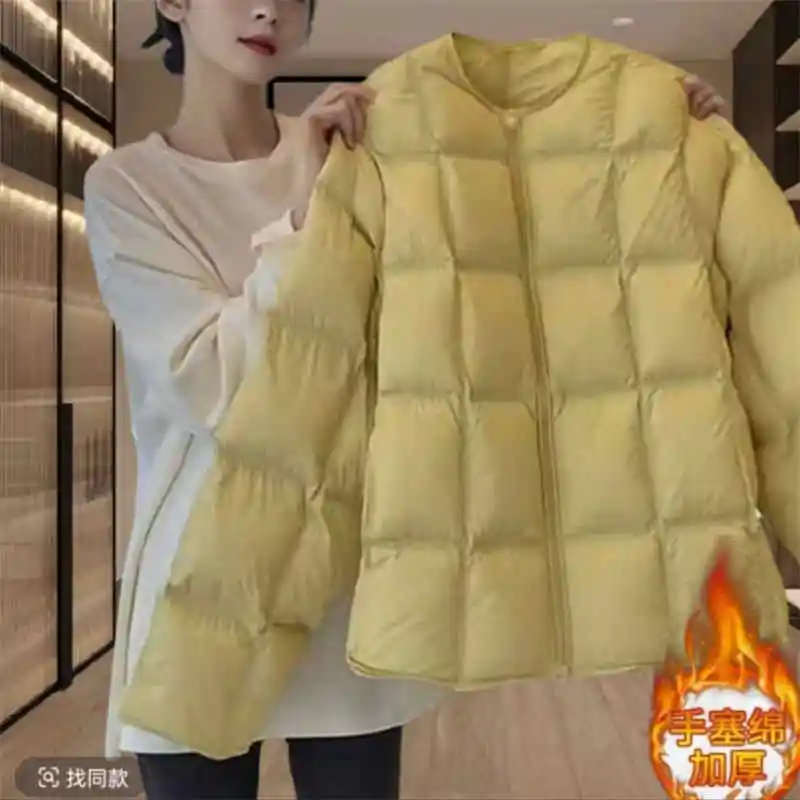 Women's Cotton Jacket 2025 Korean Edition New Autumn Winter Solid Color Round Neck Fashion Thick Warm Coat Parka Overcoat