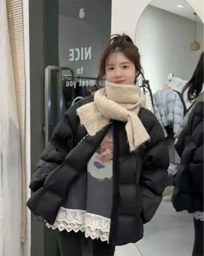 Women's Cotton Jacket 2025 Korean Edition New Autumn Winter Solid Color Round Neck Fashion Thick Warm Coat Parka Overcoat