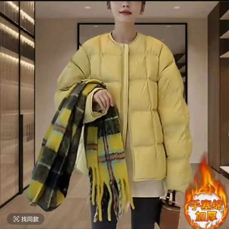 Women's Cotton Jacket 2025 Korean Edition New Autumn Winter Solid Color Round Neck Fashion Thick Warm Coat Parka Overcoat