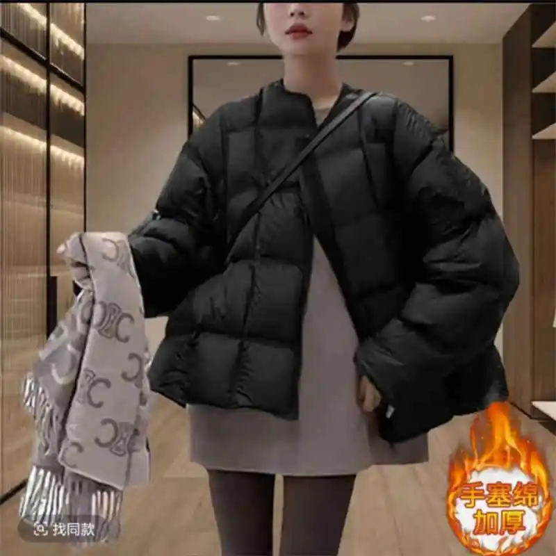 Women's Cotton Jacket 2025 Korean Edition New Autumn Winter Solid Color Round Neck Fashion Thick Warm Coat Parka Overcoat