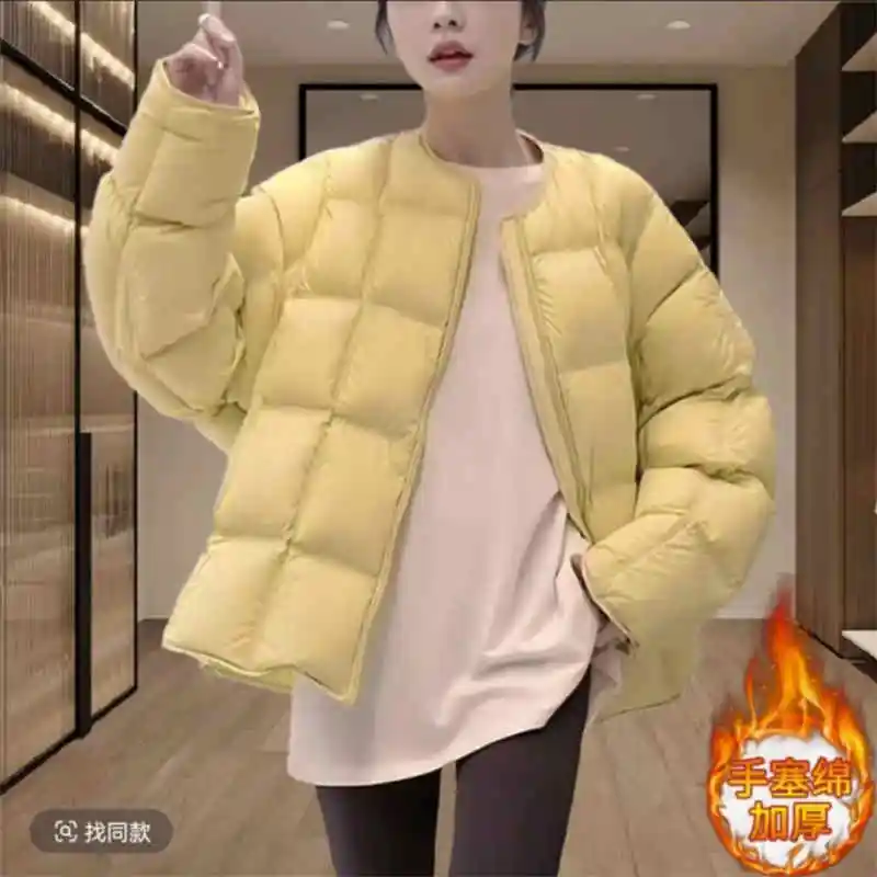 Women's Cotton Jacket 2025 Korean Edition New Autumn Winter Solid Color Round Neck Fashion Thick Warm Coat Parka Overcoat
