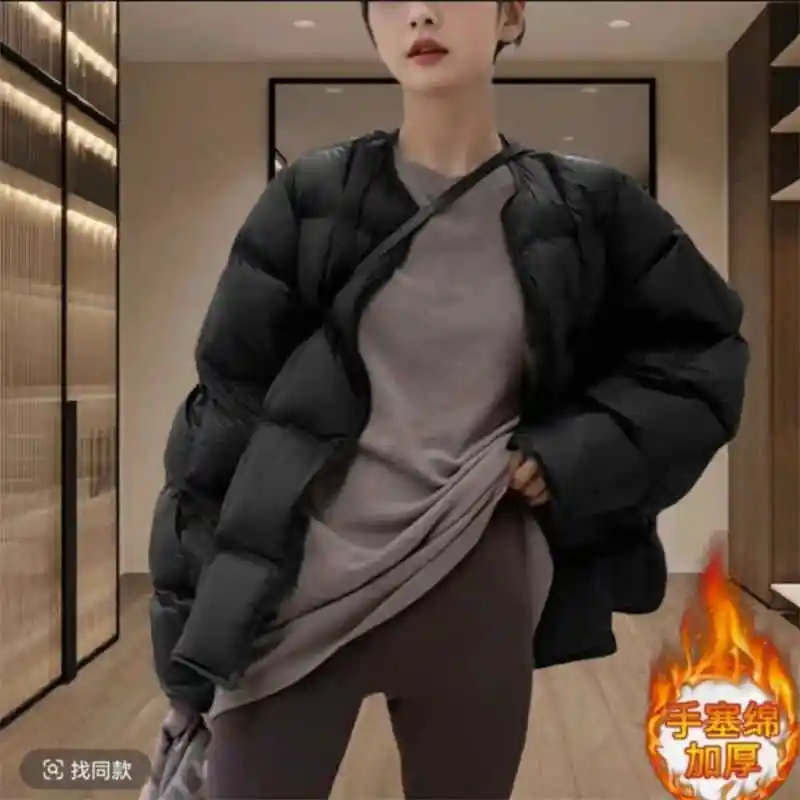 Women's Cotton Jacket 2025 Korean Edition New Autumn Winter Solid Color Round Neck Fashion Thick Warm Coat Parka Overcoat