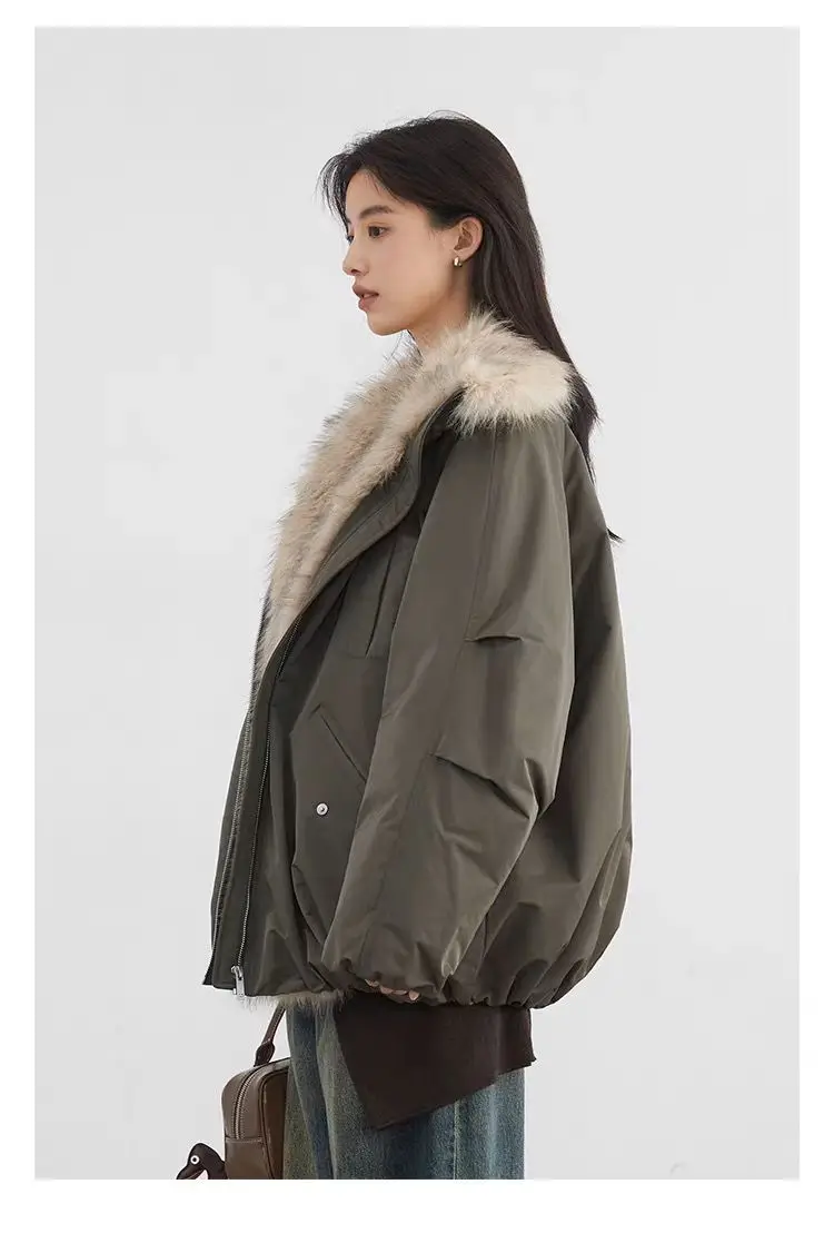 American Retro Faux Fur Trim Padded Parka Women Winter Tulip Hem Thicken Warm Outerwear Female Loose Zip Up Casual Cotton Jacket