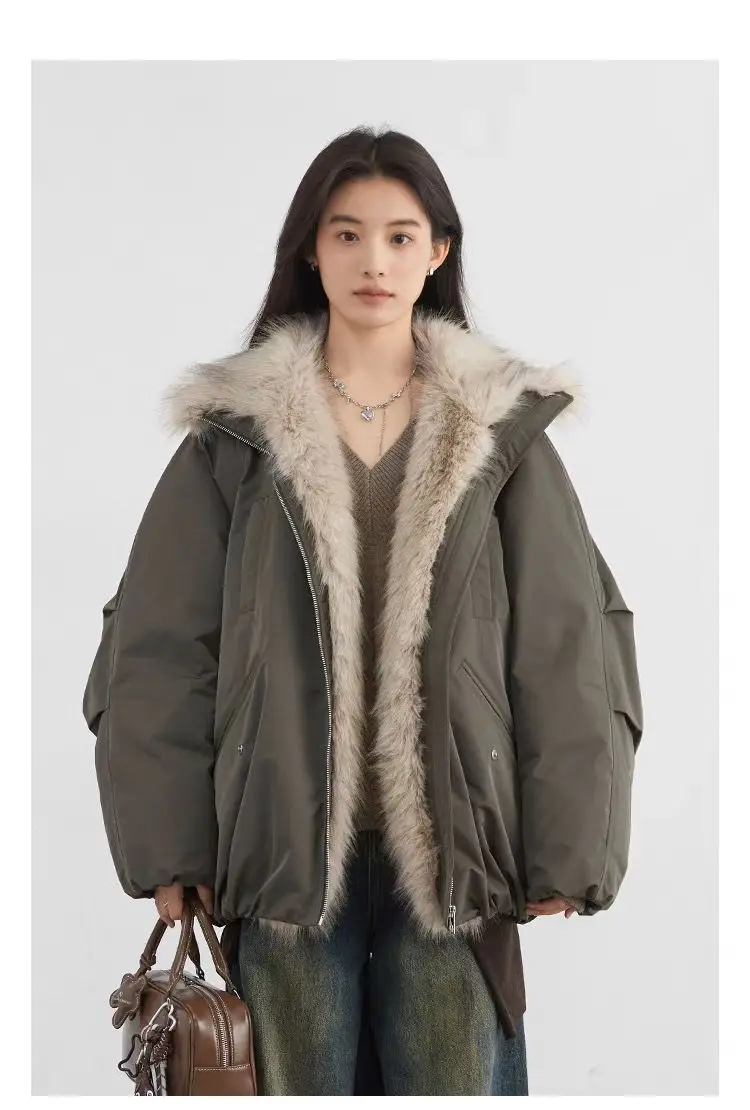 American Retro Faux Fur Trim Padded Parka Women Winter Tulip Hem Thicken Warm Outerwear Female Loose Zip Up Casual Cotton Jacket
