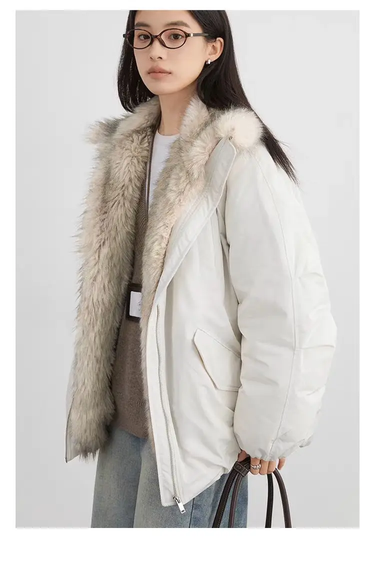 American Retro Faux Fur Trim Padded Parka Women Winter Tulip Hem Thicken Warm Outerwear Female Loose Zip Up Casual Cotton Jacket
