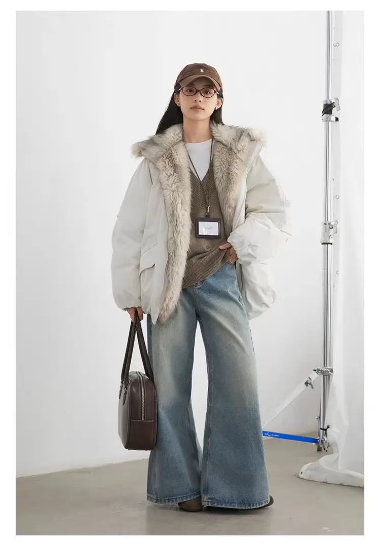 American Retro Faux Fur Trim Padded Parka Women Winter Tulip Hem Thicken Warm Outerwear Female Loose Zip Up Casual Cotton Jacket