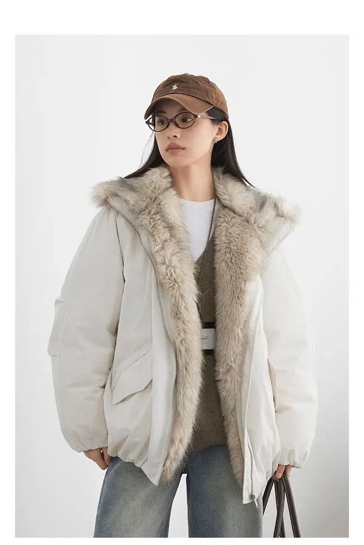 American Retro Faux Fur Trim Padded Parka Women Winter Tulip Hem Thicken Warm Outerwear Female Loose Zip Up Casual Cotton Jacket