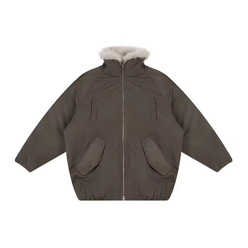 American Retro Faux Fur Trim Padded Parka Women Winter Tulip Hem Thicken Warm Outerwear Female Loose Zip Up Casual Cotton Jacket