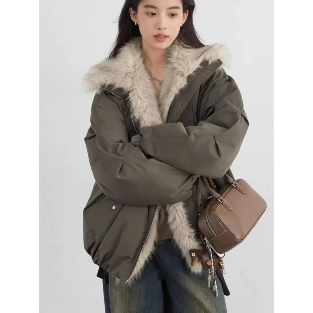 American Retro Faux Fur Trim Padded Parka Women Winter Tulip Hem Thicken Warm Outerwear Female Loose Zip Up Casual Cotton Jacket