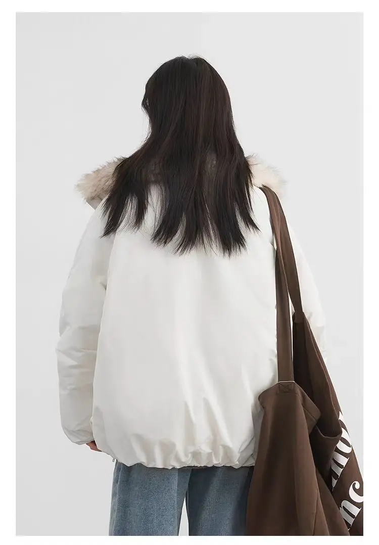 American Retro Faux Fur Trim Padded Parka Women Winter Tulip Hem Thicken Warm Outerwear Female Loose Zip Up Casual Cotton Jacket