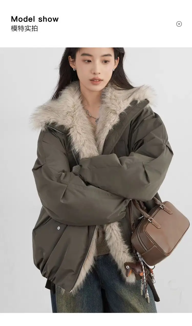 American Retro Faux Fur Trim Padded Parka Women Winter Tulip Hem Thicken Warm Outerwear Female Loose Zip Up Casual Cotton Jacket