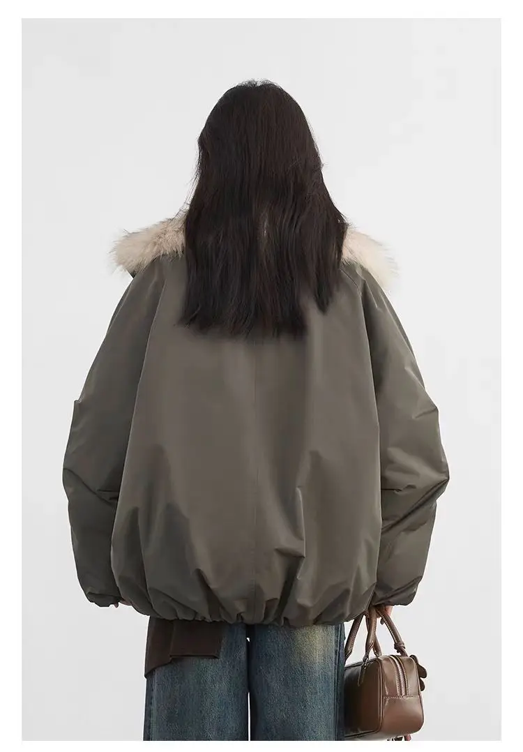 American Retro Faux Fur Trim Padded Parka Women Winter Tulip Hem Thicken Warm Outerwear Female Loose Zip Up Casual Cotton Jacket